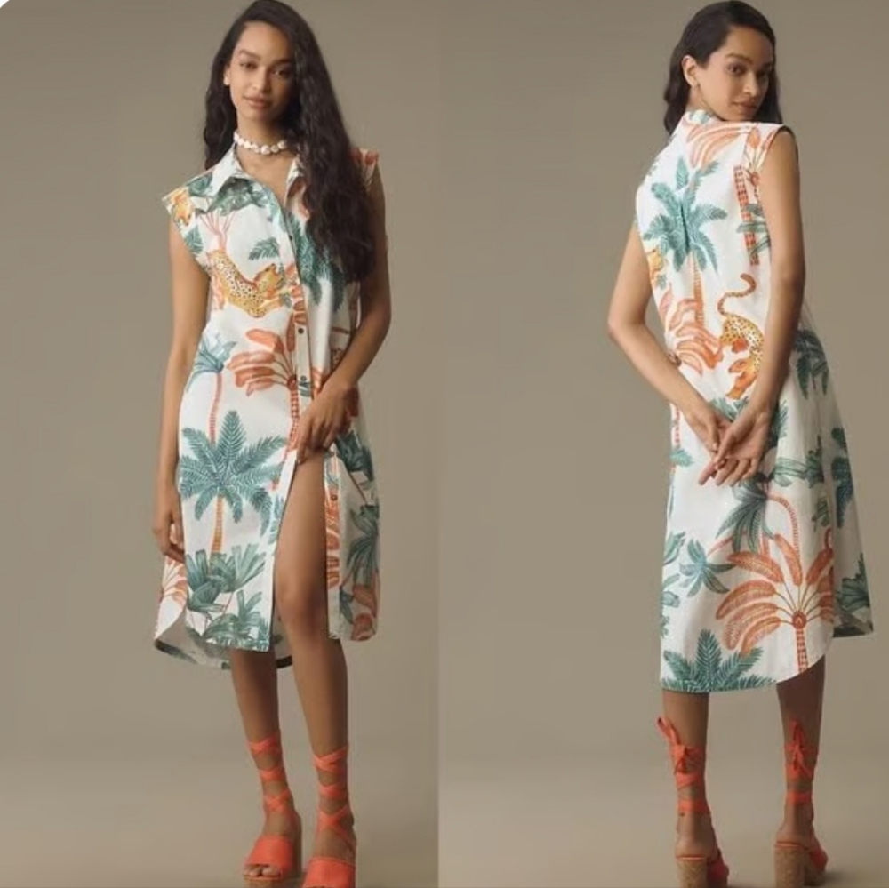Anthropologie Maeve The Lillian Button-Front Dress L Jungle Tropical Vacation - Picture 1 of 16